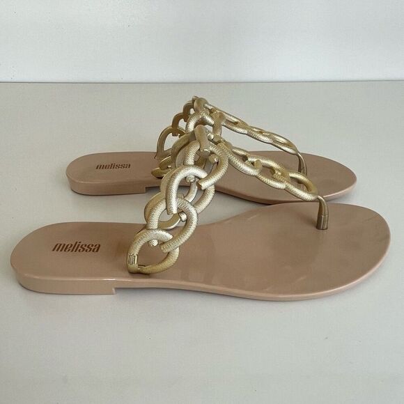 Melissa Success Chain Link Thong Sandals Womens 8 Gold Jelly Shoes Dressy Comfy - Picture 4 of 10